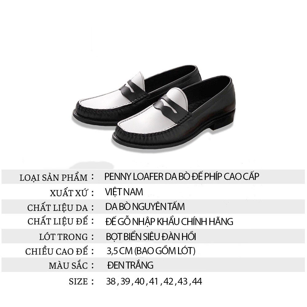 Giày Tây Nam Penny Loafer Black White Da Bò Nguyên Tấm Đế Phíp Cao Cấp