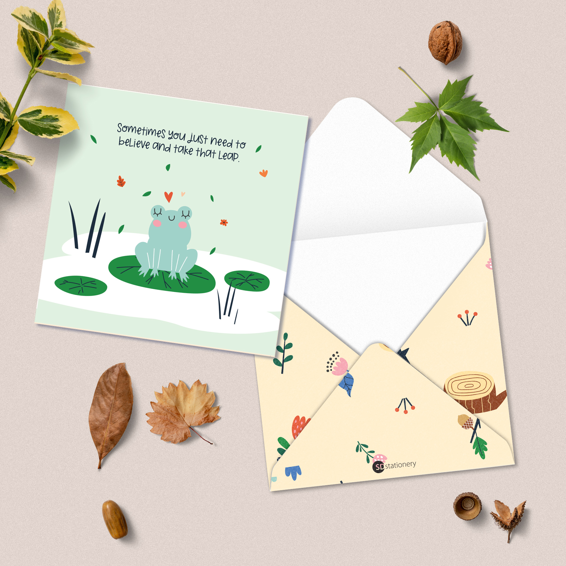 Set 5 thiệp cảm ơn, xin lỗi, chúc mừng, động viên SDstationery Forest minh họa con vật dễ thương, thông điệp ý nghĩa 12x12cm