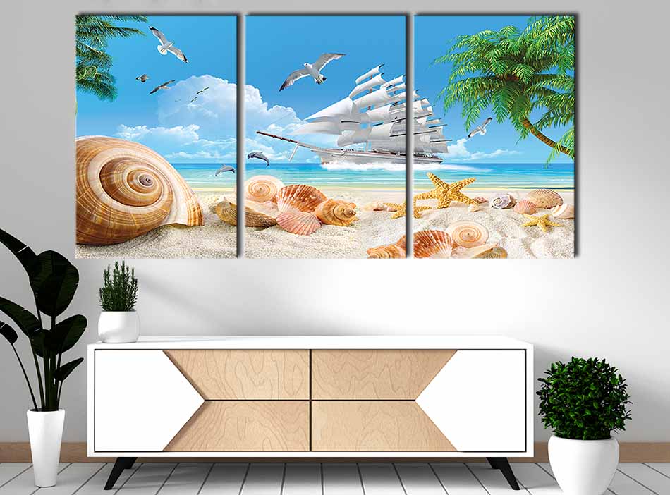 Tranh canvas phong thủy treo tường - Thuận buồm xuôi gió - TBXG003 - Bộ ghép 3 bức tràn viền - 120x60cm