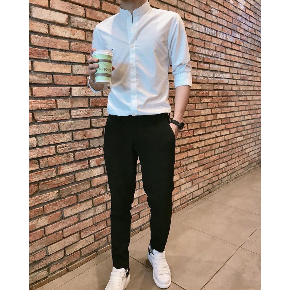 Sơ mi trắng trơn dài tay nam sơ mi đen cổ bẻ ,trắng cổ bẻ ,trắng - đen cổ tàu dáng ôm body - atbshop