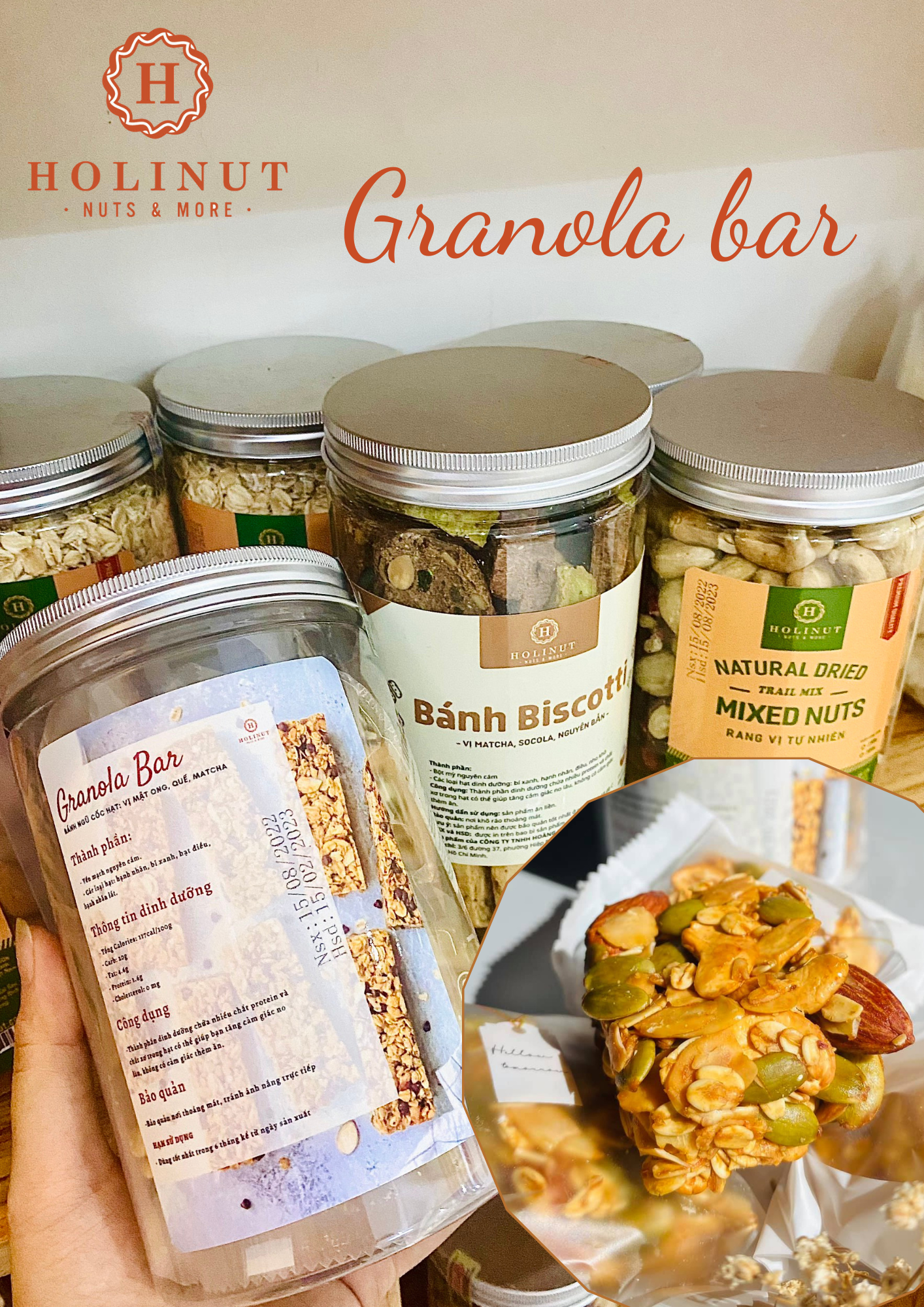 Thanh Granola bar siêu hạt - 100% vị ngọt hoàn toàn từ mật ong và đa dạng các loại hạt dinh dưỡng nhà HOLINUT