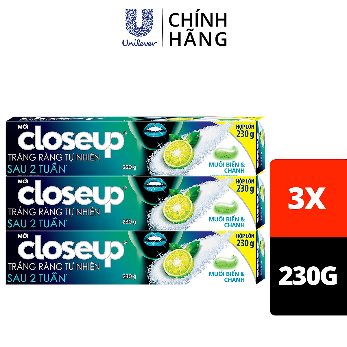 Combo 3 Kem đánh răng dạng gel Closeup Trắng Răng Tự Nhiên Muối Biển & Chanh 230g