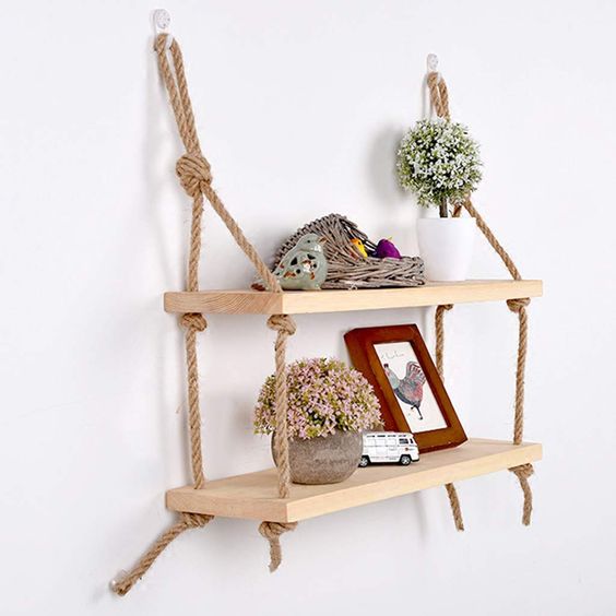 Kệ 2 Tầng Treo Tường Bằng Dây Trang Trí Gỗ Thông Tự Nhiên - Kích Thước DxR: 60x10cm