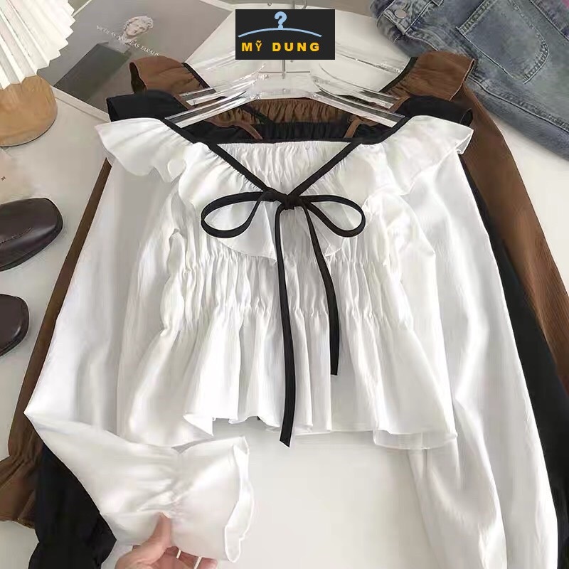 ÁO KIỂU CỔ VIỀN BÈO, TAY DÀI NHÚN THÂN CORTOP. FROM CHUẨN, PHỐI ĐỒ HẾT NƯỚC CHẤM LUN NHÉ CÁC TÌNH YÊU