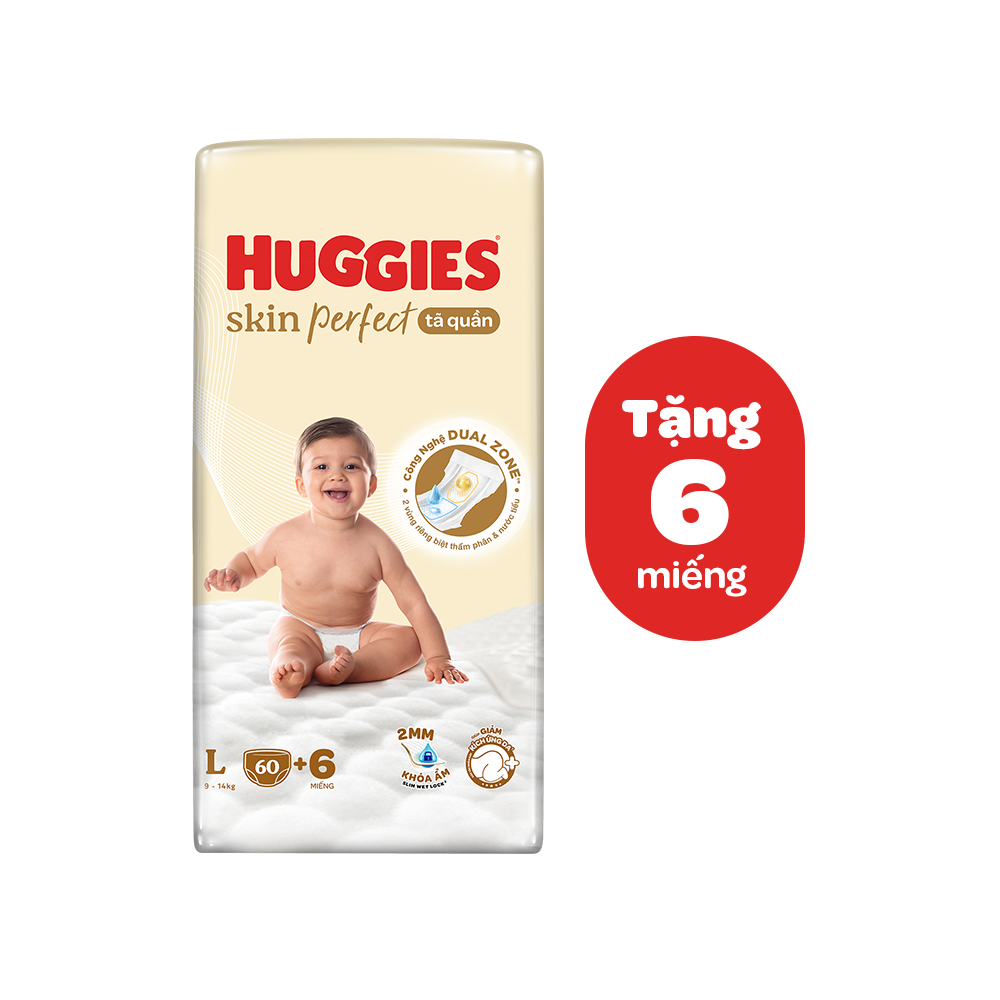 Tã quần Huggies Skin Perfect L Super Jumbo 60+6 miếng với 2 vùng thấm giảm kích ứng da