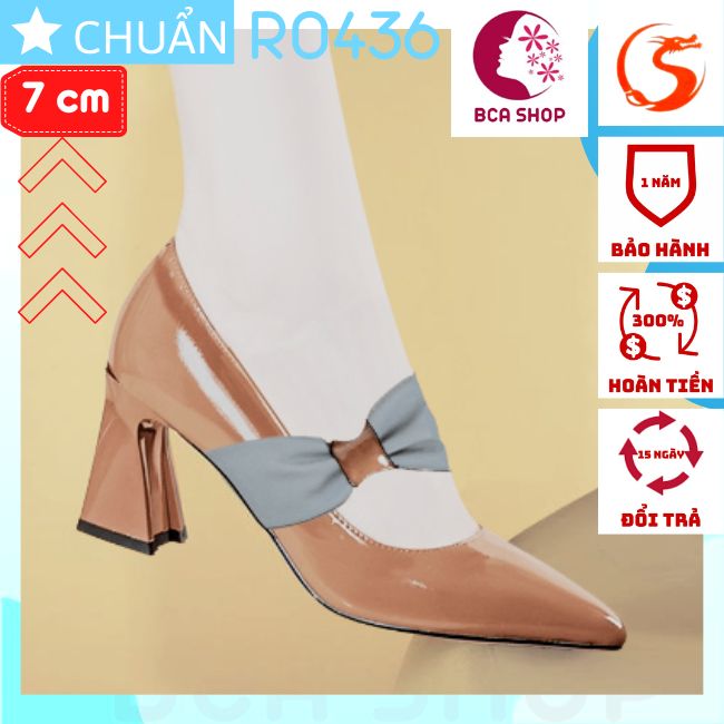 Giày cao gót nữ 7p RO436 ROSATA tại BCASHOP bít mũi đế vuông mũi nhọn quai thun phối màu - màu nâu bò phối quai xám