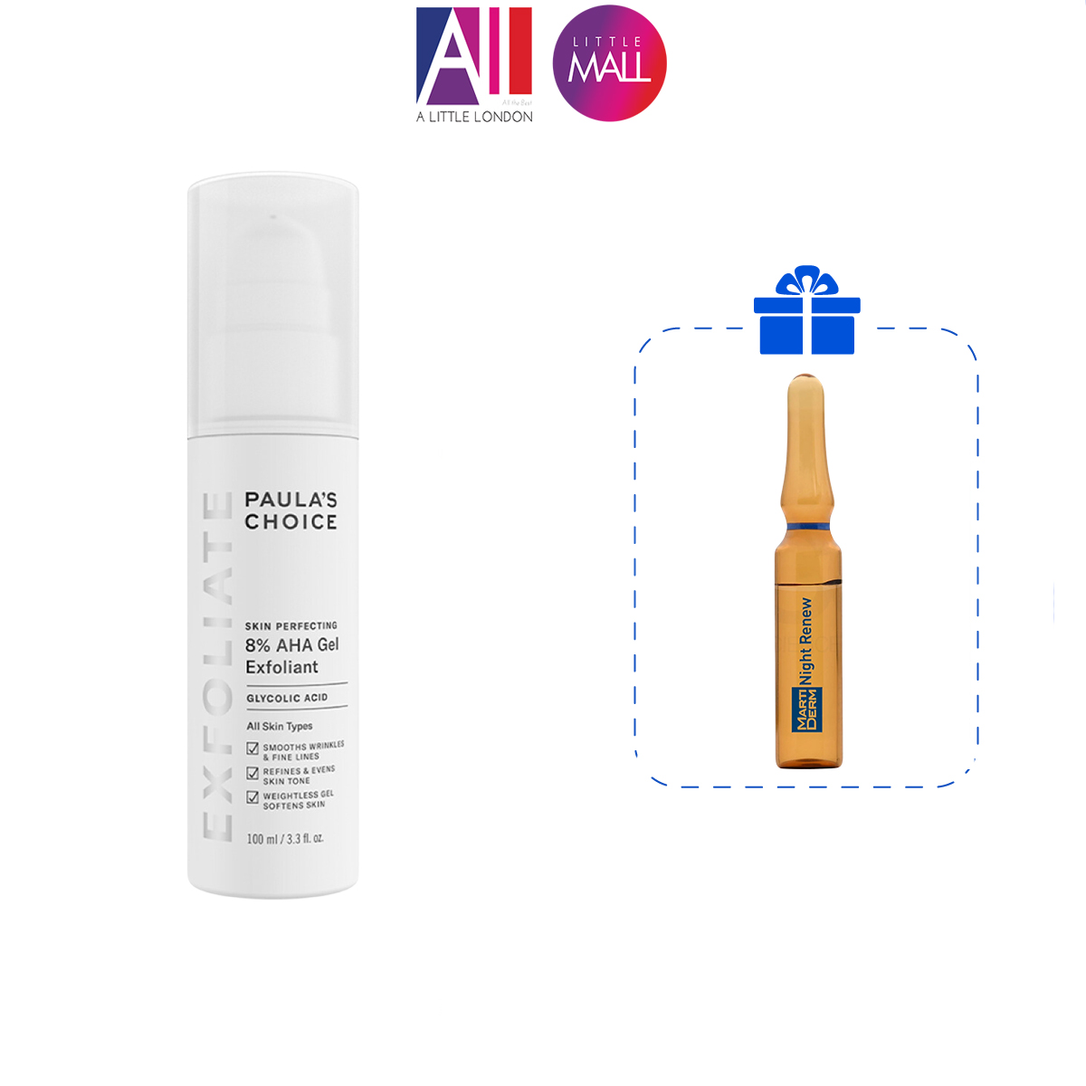 Gel Tẩy Tế Bào Chết Paulas Choice Skin Perfecting 8 Aha Gel Exfoliant Tặng Ampoule Chống Lão Hóa Martiderm Nhập Khẩu - 100Ml