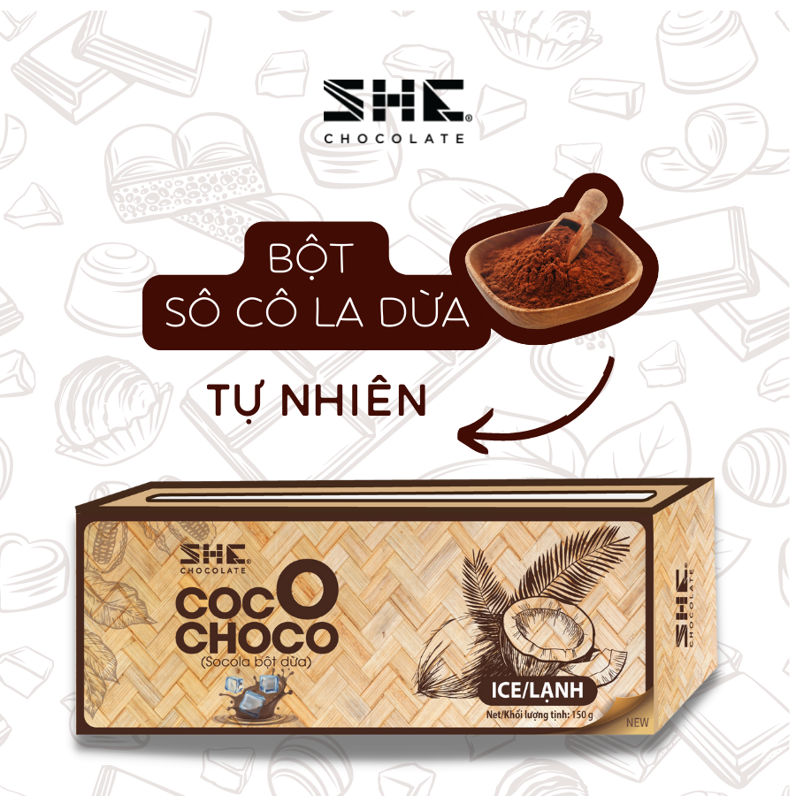 Socola bột Dừa lạnh Coco Choco - Hộp 150g - SHE Chocolate. Hương vị đậm đà, bổ sung năng lượng, tốt cho sức khỏe. Quà tặng người thân, dịp lễ
