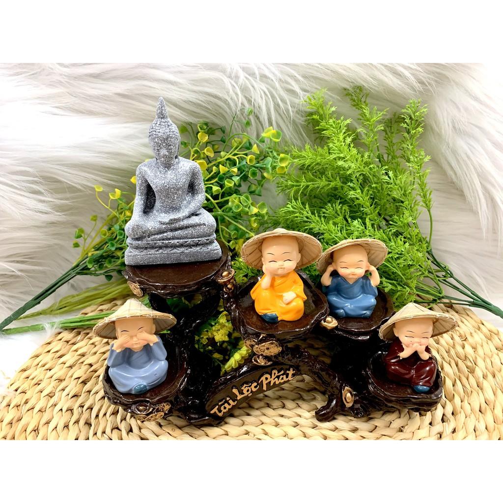 Set bộ tượng Bổn Sư Thích Ca cùng các Chú Tiểu Nón Len và Đế tượng