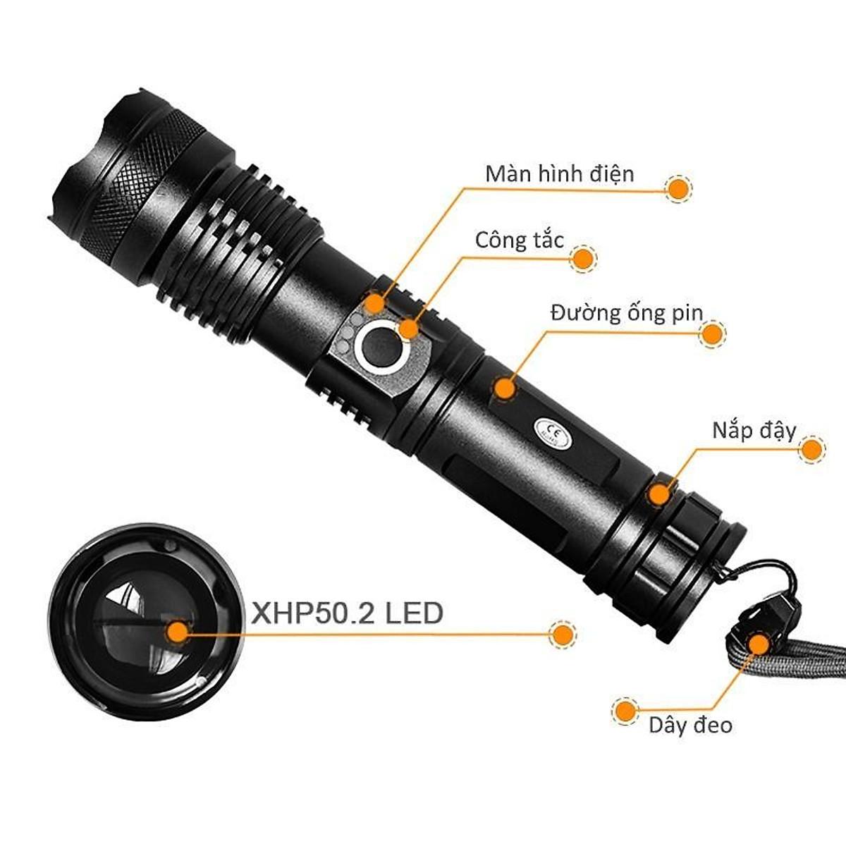 Đèn pin siêu sáng XHP50 bản cao cấp đèn led chiếu xa chống nước, chiếu xa 300m, sạc pin tiện lợi Độ sáng 1800 lumens