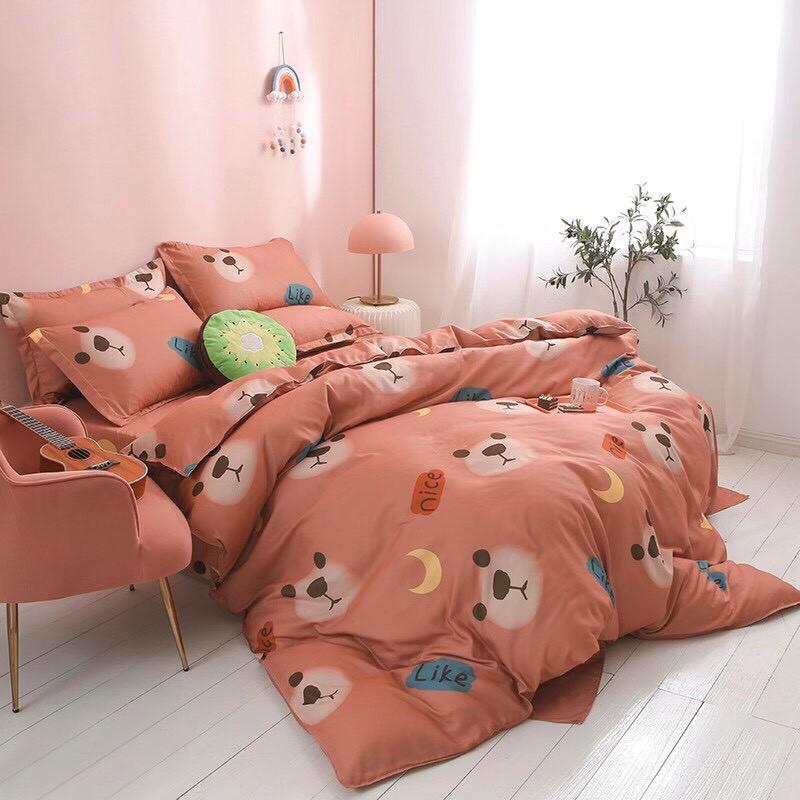 Bộ chăn ga gối Cotton Poly M2T bedding gấu cam, vỏ chăn mền, drap giường và 2 vỏ gối