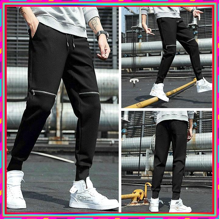 Quần Jogger khóa gối kiểu, Dài Bo Gấu dưới ống - Chất Vải Kaki Kiểu Thể Thao UNISEX một Màu Đen. 02x