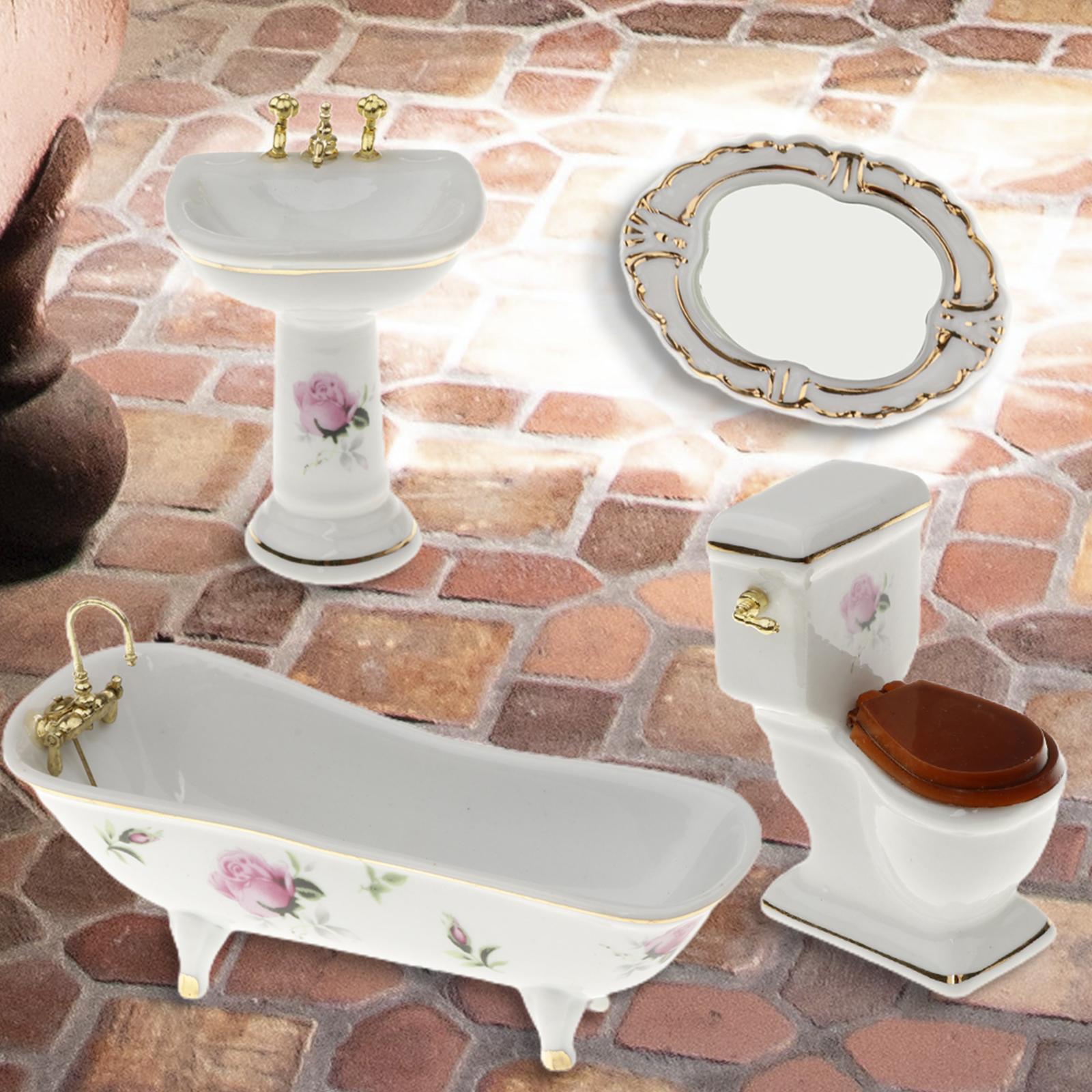 Bathroom Decor Floral Toilet Bathtub Set Dollhouse Miniature Accs 1:12 #5