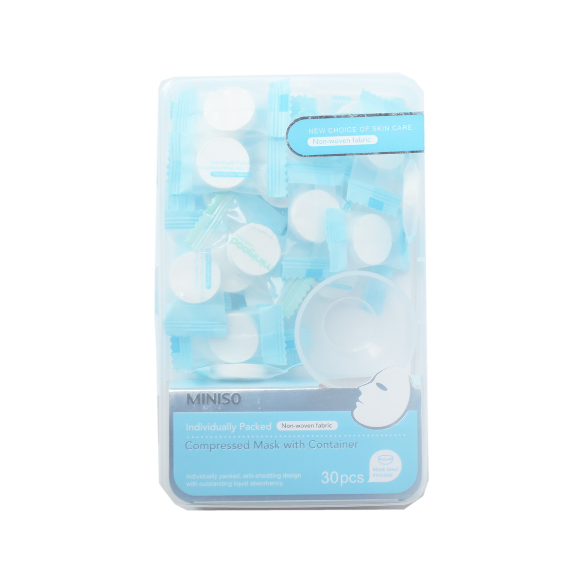 Mặt nạ nén Nhật Bản Miniso Compressed Mask With Container trong hộp 30 miếng kèm bát mặt nạ tiện lợi ( trắng - xanh) chính hãng - MNS054