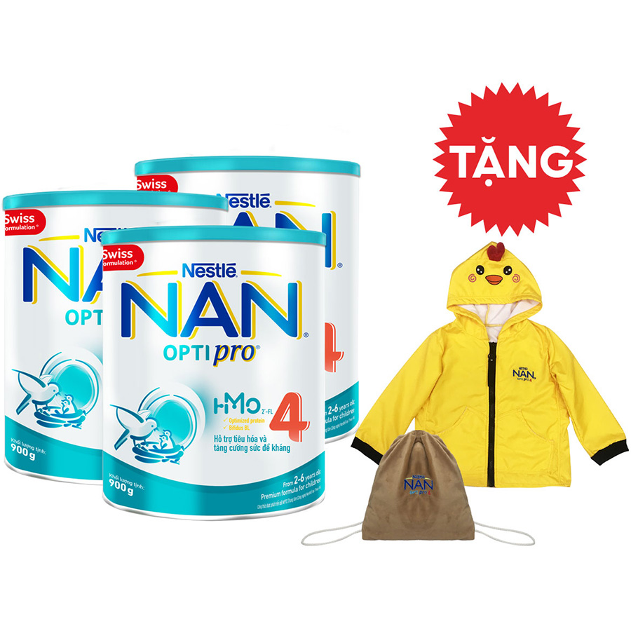 Combo 3 lon sữa bột Nestlé NAN OPTIPRO  4 HMO lon 900g + Tặng Áo khoác gấp gọn chú gà