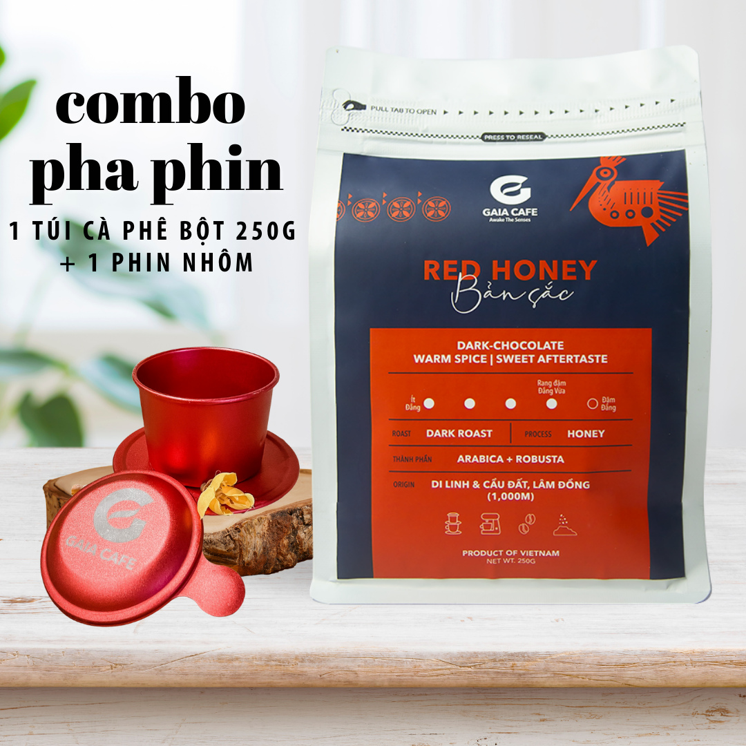 Hình ảnh Combo cà phê pha phin - 1 túi Gaia Café Red Honey Bản Sắc 250g và 1 phin nhôm 