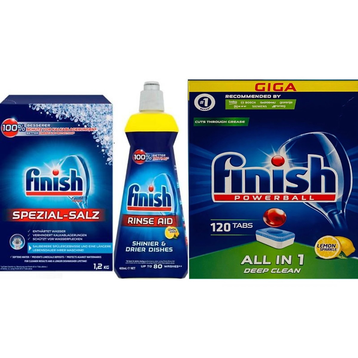 Combo 120 viên rửa bát finish + muối Finish 1.2kg + Nước làm bóng Finish 400ml dùng cho máy rửa bát