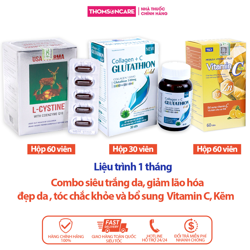 Combo siêu trắng da, da căng mịn Lcystine 60v, Glutathion Gold 30v, Vitamin C có thêm Kẽm 60v - Bổ sung dưỡng chất da  và tóc , hạn chế lão hóa da tăng đề kháng Bổ sung Collagen , Vitamin và kẽm cho cơ thể - Thomsoncare