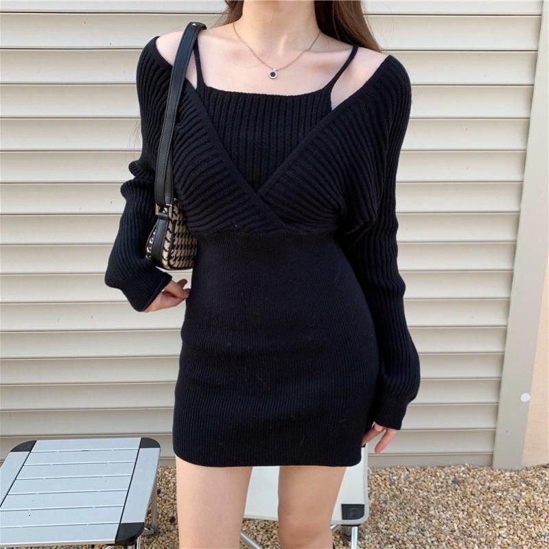 Đầm len body ôm sát nữ tay bồng màu đen trắng ghi váy len dài tay đi tiệc bar cổ chữ V trễ vai xu hướng thời trang