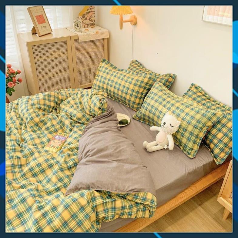 Bộ chăn ga Cotton Poly kẻ xanh vàng, vỏ chăn mền, drap giường và 2 vỏ gối
