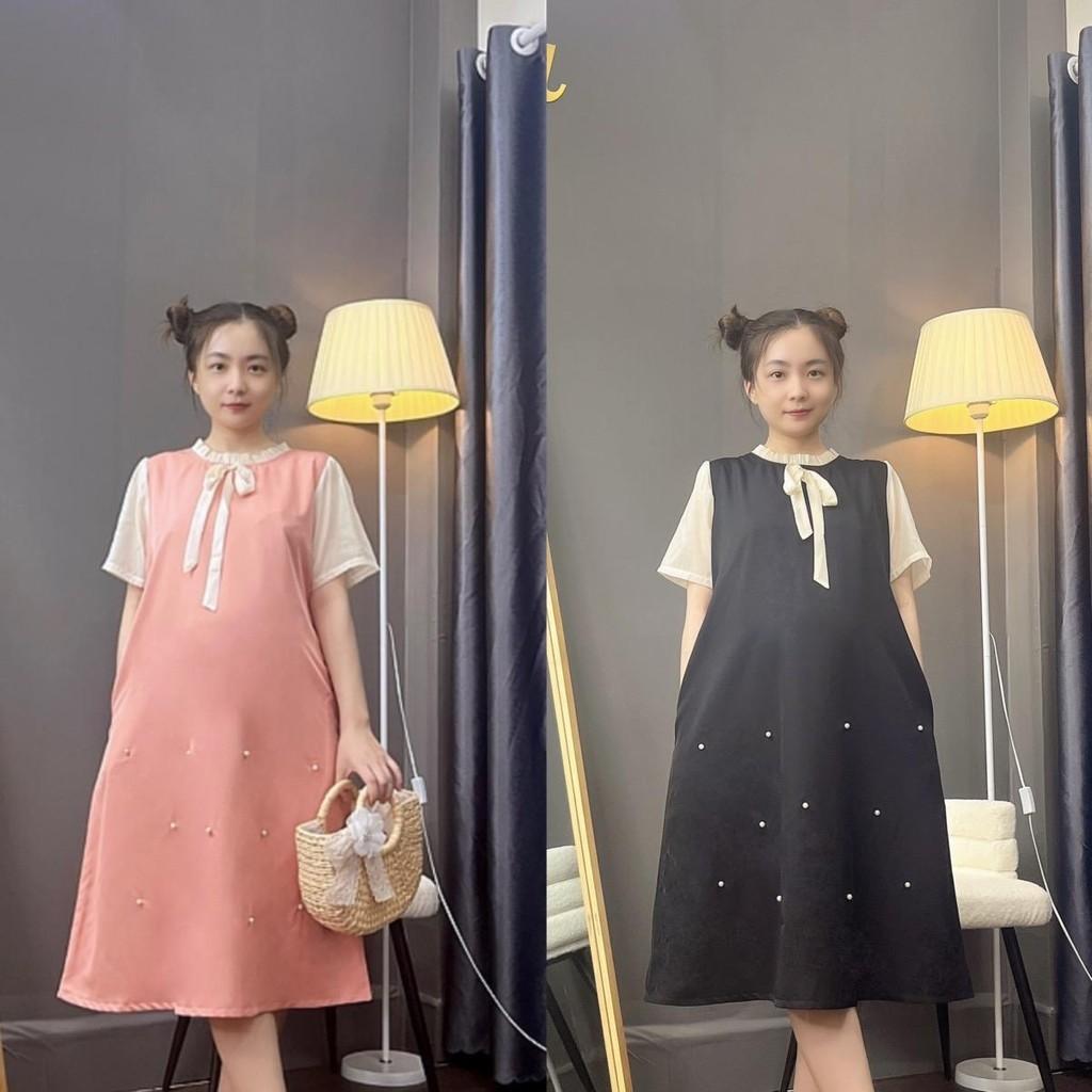 Đầm bầu cổ bèo thắt nơ đính hạt phom suông dễ thương gon dáng, mặc đi làm đi chơi - Đen