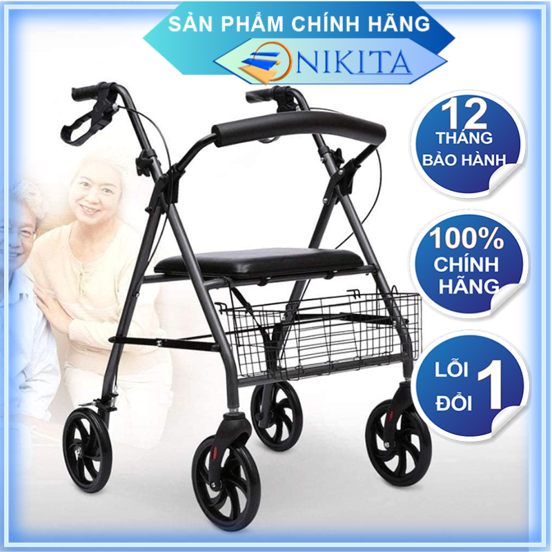 Xe tập đi bốn bánh cho người già có ghế ngồi, có giỏ đựng đồ, gấp gọn khi không sử dụng, chính hãng Nikita