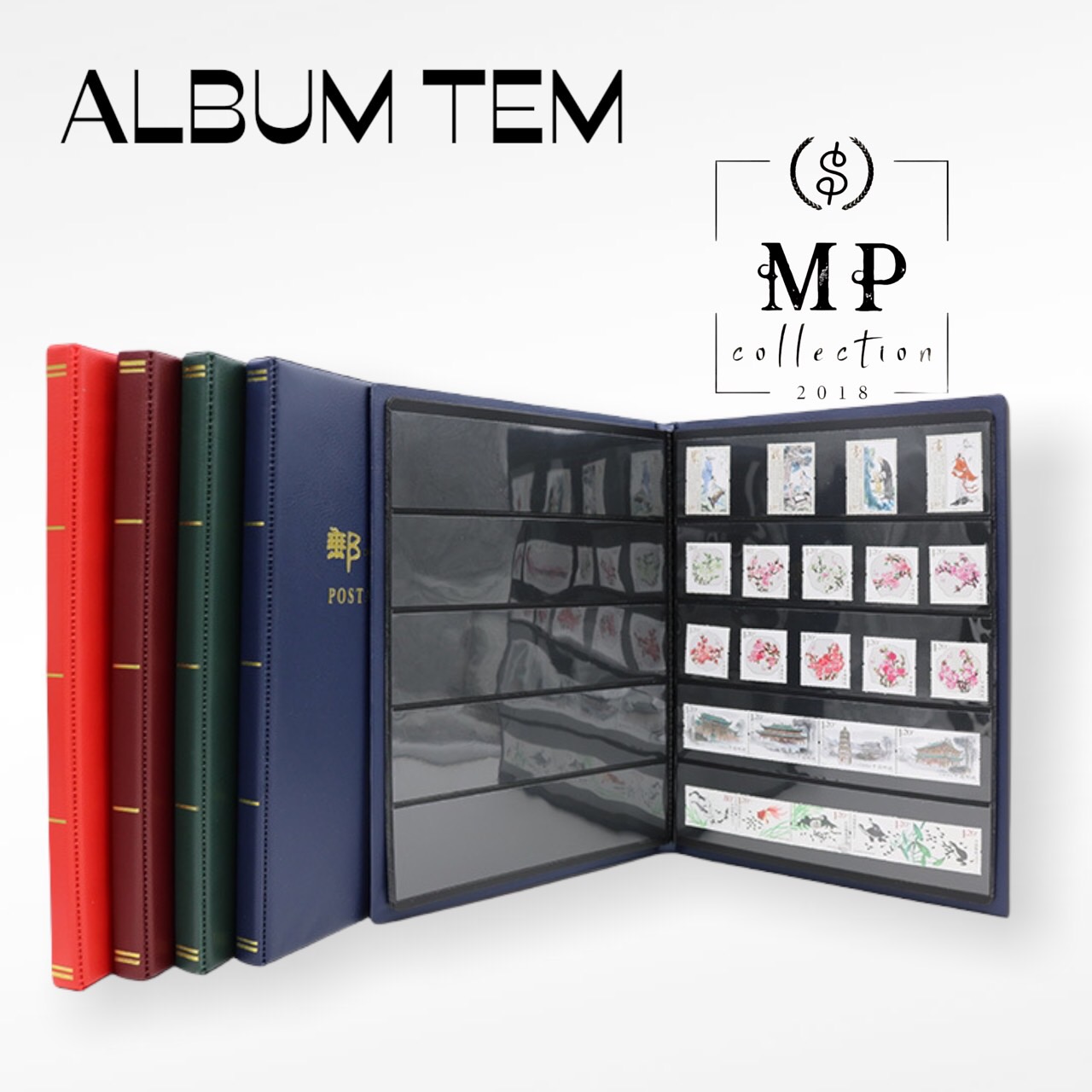 Album tem sưu tầm PCCB/Mingt, có sẵn 10 tờ (20 trang) loại 5 ngăn.