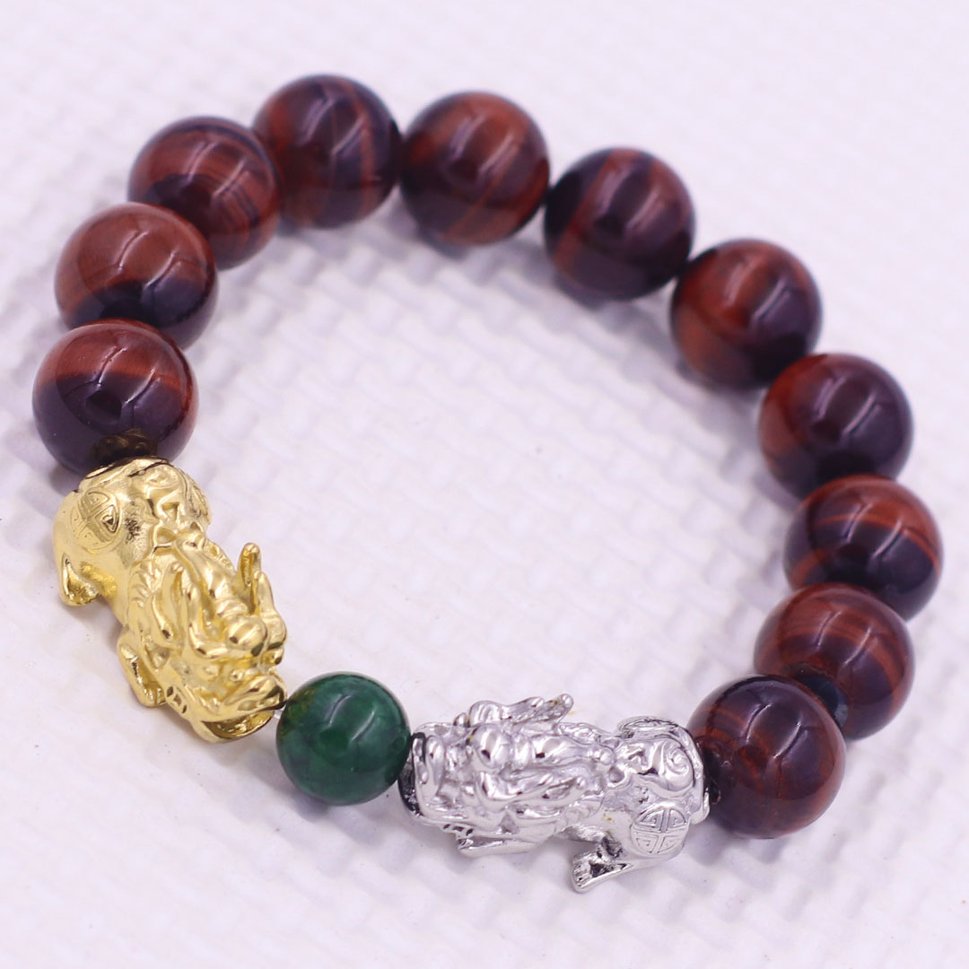 Vòng chuỗi đeo tay đá mắt hổ đen đỏ 12 ly charm tỳ hưu đôi inox trắng và vàng, vòng chuỗi phong thủy, charm tỳ hưu, vòng tay hạt chuỗi