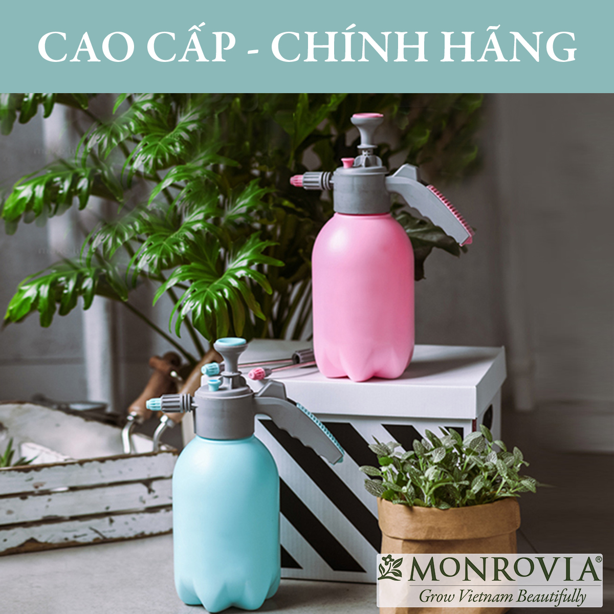 Bình xịt tưới cây MONROVIA 2 lít, bán tự động, phun sương tưới cây cảnh, vòi dài, tặng vòi ngắn, màu xanh, tiêu chuẩn Châu Âu