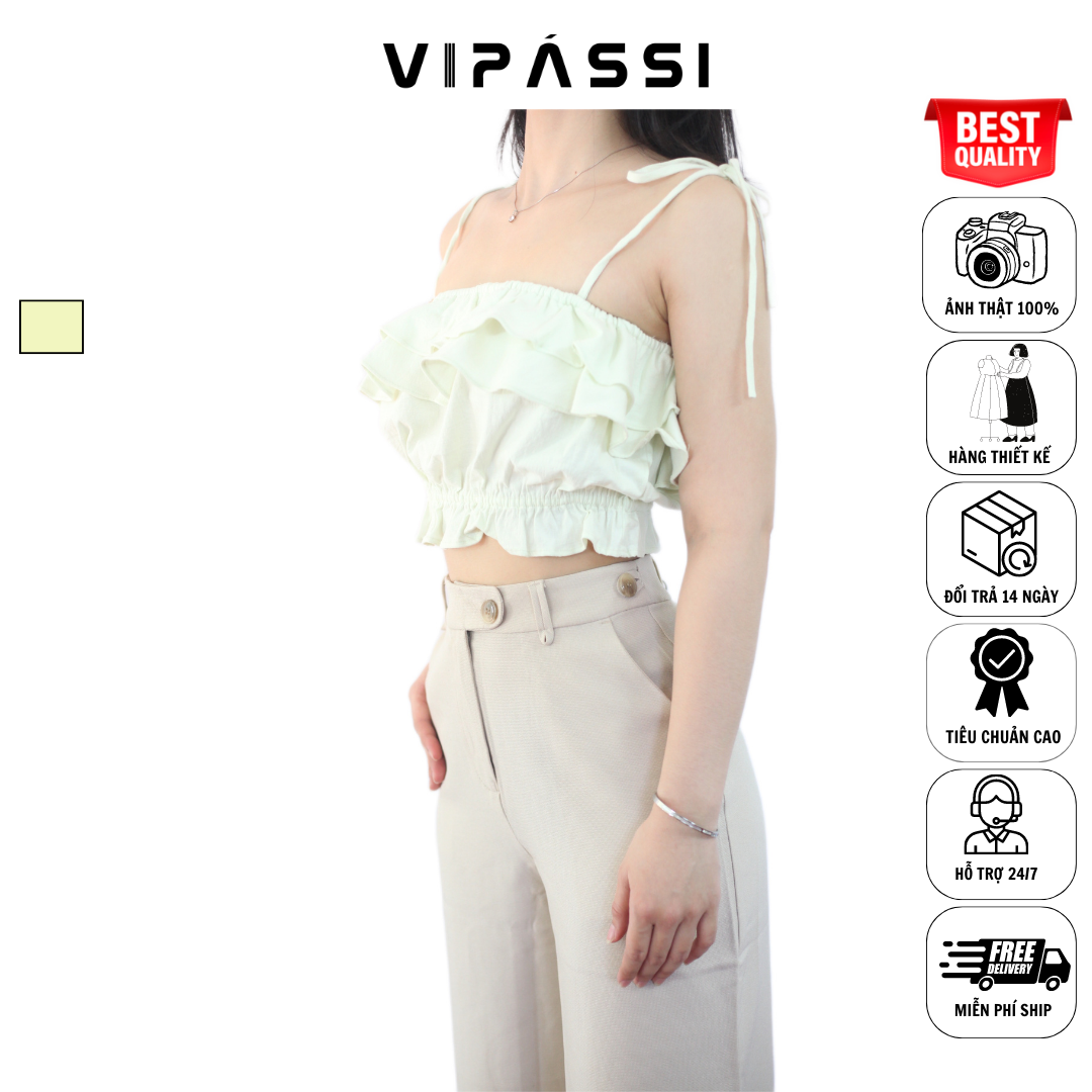 VIPÁSSI - Áo Hai Dây Linen Nhún Phối Bèo 2 Tầng Xanh Nhạt Ngắn Bo Thun Eo