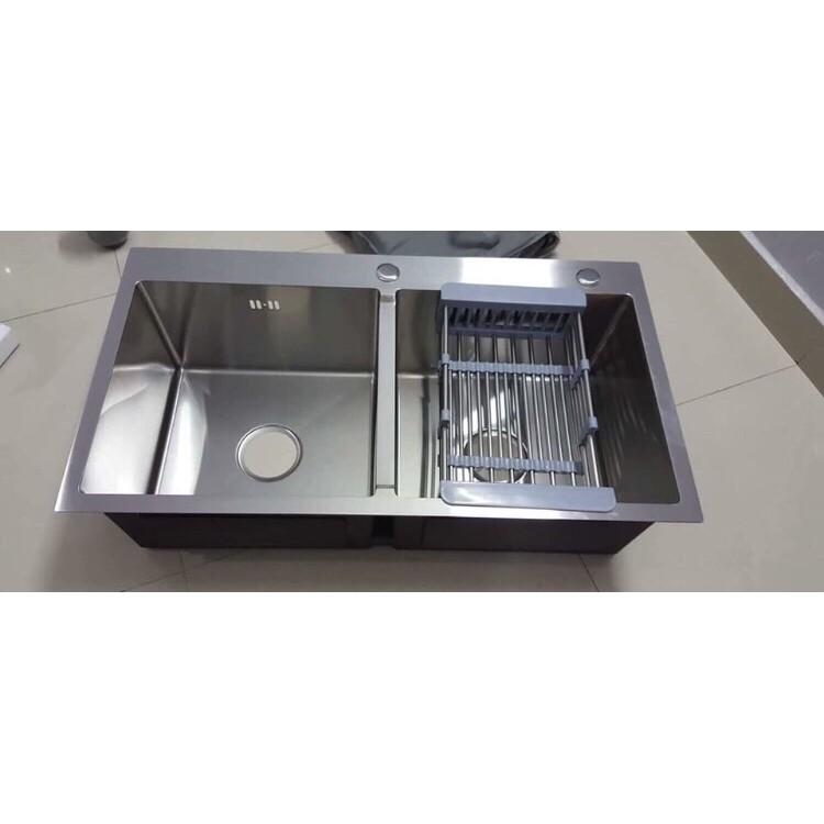 CHẬU RỬA CHÉN CAO CẤP INOX 304 82*45*23 (gồm bộ xả inox 304,rổ đa năng)