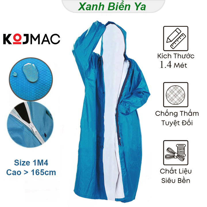 Bộ Áo Mưa Có Dây Khóa Kéo Vải Dù Da Cá Tổ Ong KOJMAC GDA218 Raincoat Fashion – Hàng Chính Hãng  Loại Chui Một Đầu 1 Người Lớn Bít Kín Không Xẻ Tà, Thời Trang Mang To Cho Nam Nữ, Chống Nước Đi Mưa Tản Bộ Xe Máy  – Xanh Biển Ya – 1M4 Cao >165cm