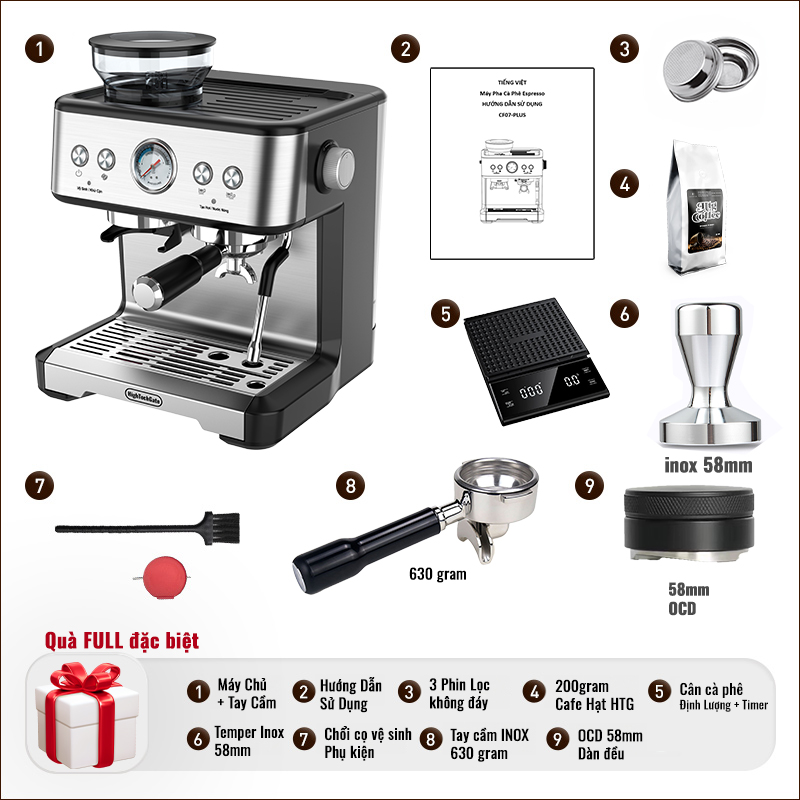 Máy pha cà phê espresso CF07-PLUS - 4 in 1, xay nâng cấp hạt 20 cấp độ, chiết xuất định lượng Flow Meter, đánh bọt sữa tạo hình latte art với 2 boilers, nâng cấp hệ thống pha thương mại chuyên nghiệp Inox 58mm, hàng chính hãng