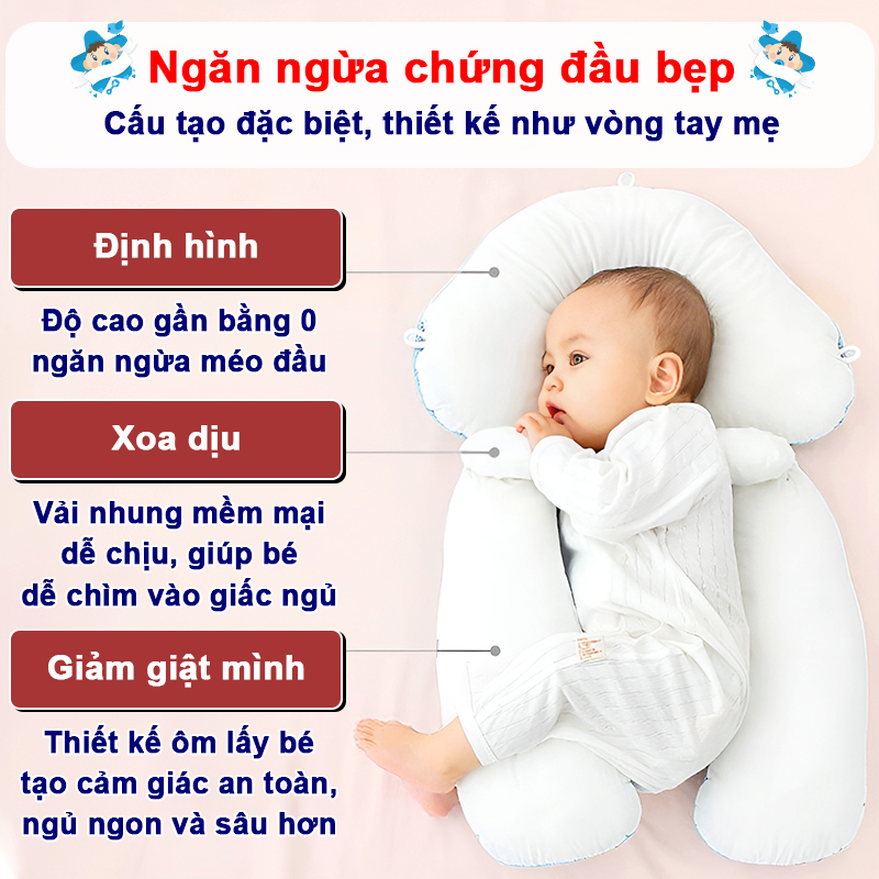 Gối chữ U cho bé sơ sinh có dây rút điều chỉnh 3 đầu Baby-S, Gối chống bẹp đầu cao cấp giúp bé ngủ ngon – SSS036