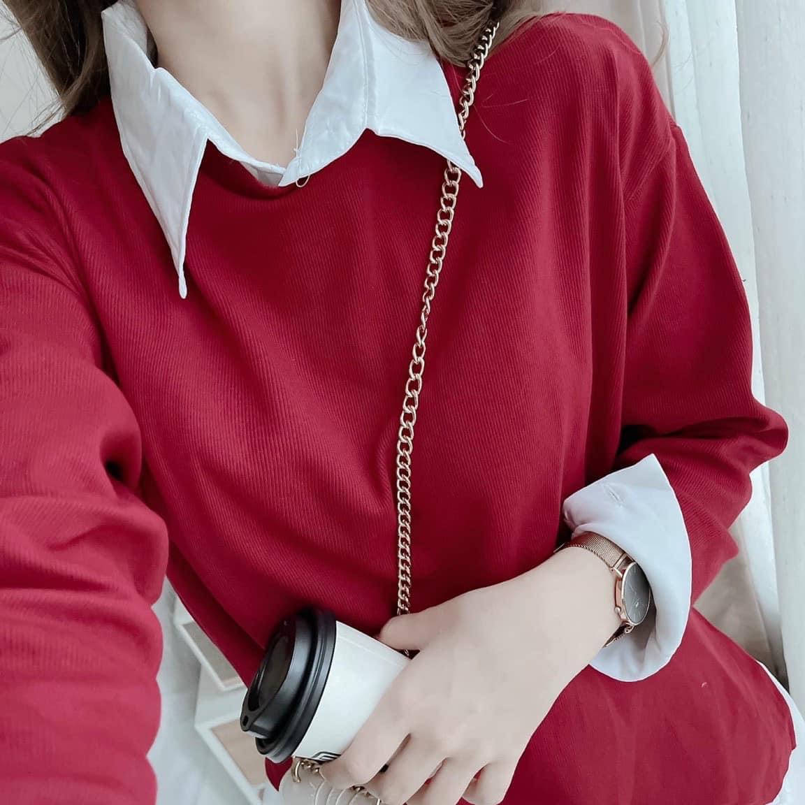 SET ĐẦM SƠ MI SUÔNG TRƠN VÁY XẾP LY NHẸ + ÁO THUN ĐỎ TRƠN TAY DÀI DẠO PHỐ DỰ TIỆC GIÁNG SINH NOEL