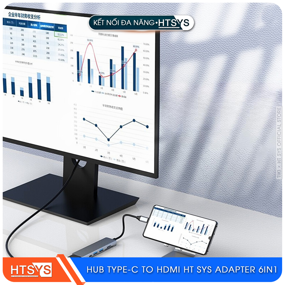Hub Type C HT SYS 6 in 1 To HDMI, USB 3.0, SD, TF, PD 100W - Hàng Chính Hãng