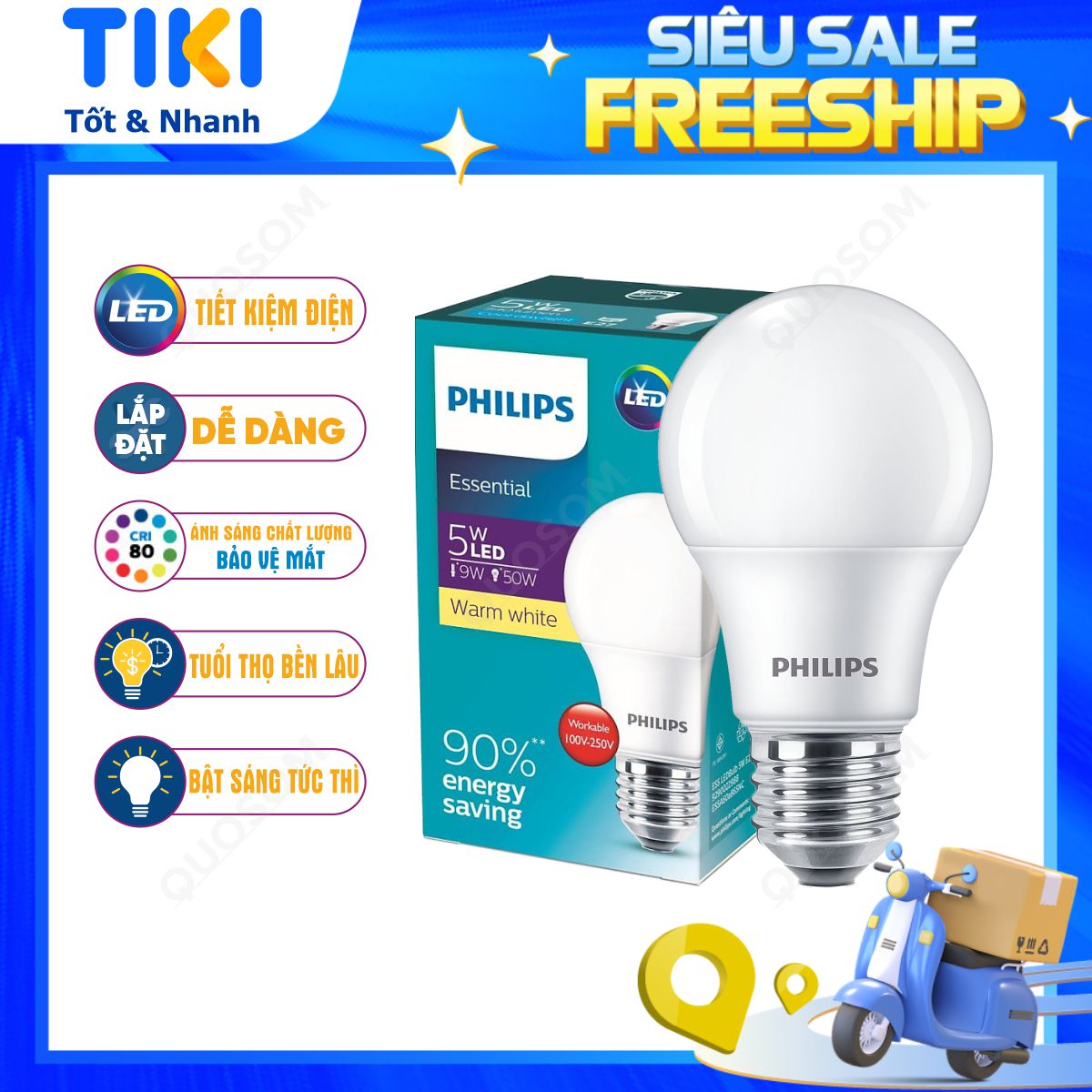 Bóng đèn LED Bulb PHILIPS Essential E27 - Tiết kiệm điện, Ánh sáng chất lượng cao - Hàng Chính Hãng