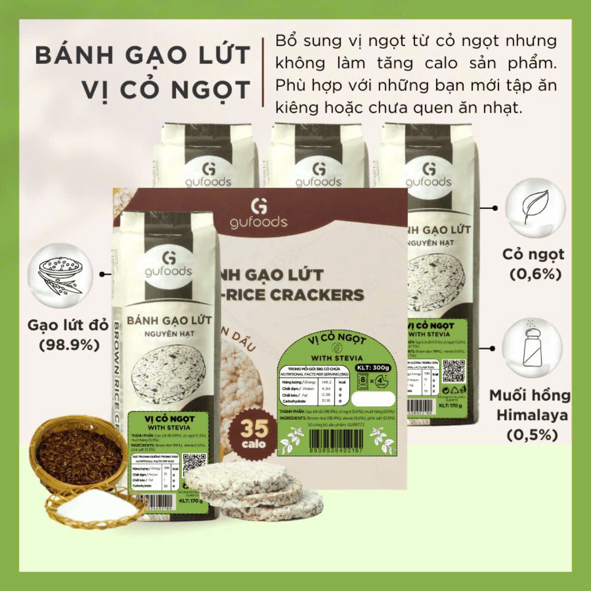Combo 5 Gói Bánh Gạo Lứt GUfoods Mix Vị Superfoods, Cỏ Ngọt, Muối Hồng, Nguyên Bản, Yến Mạch (170g) - Ăn Vặt Healthy