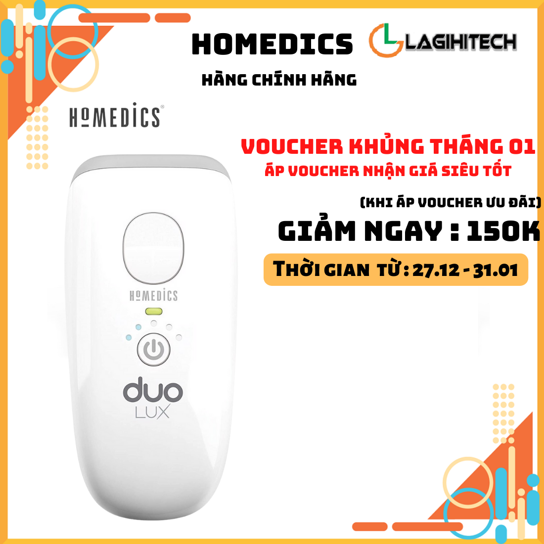 Máy triệt lông cá nhân USA (300.000 flash) HoMedics IPL-HH390 công nghệ kép IPL&amp;AFT , cảm biến màu da tự động,nhập khẩu USA