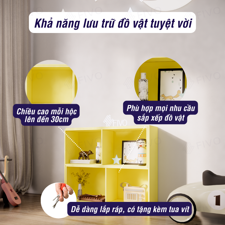 Kệ Sách Đa Dụng Để Sàn FIVO FB72 Màu Vàng, Trang Trí Phòng Cho Bé Trai, Bé Gái, Thiết Kế Thông Minh Đa Ngăn