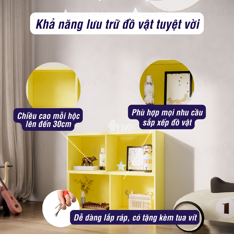 Kệ Sách Đa Dụng Để Sàn FIVO FB72 Màu Vàng, Trang Trí Phòng Cho Bé Trai, Bé Gái, Thiết Kế Thông Minh Đa Ngăn - Hàng Chính Hãng