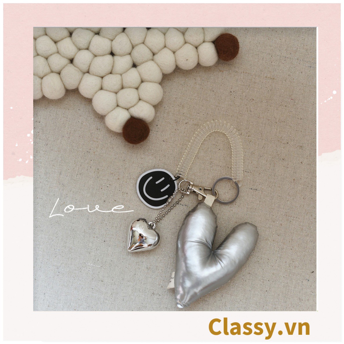 Classy Móc khóa đeo túi, ba lô hình trái tim metalic màu bạc , móc khóa  balo, ví T1766