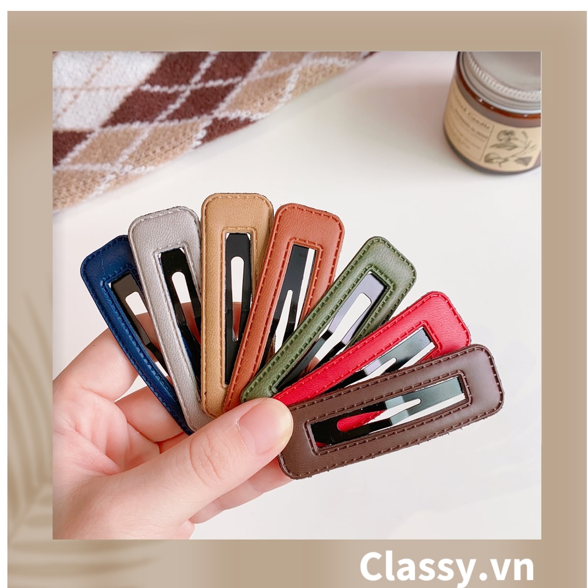 Kẹp Classy tóc  dạng clip đen bọc da trơn màu phong cách tối giản theo phong cách Hàn Quốc PK782