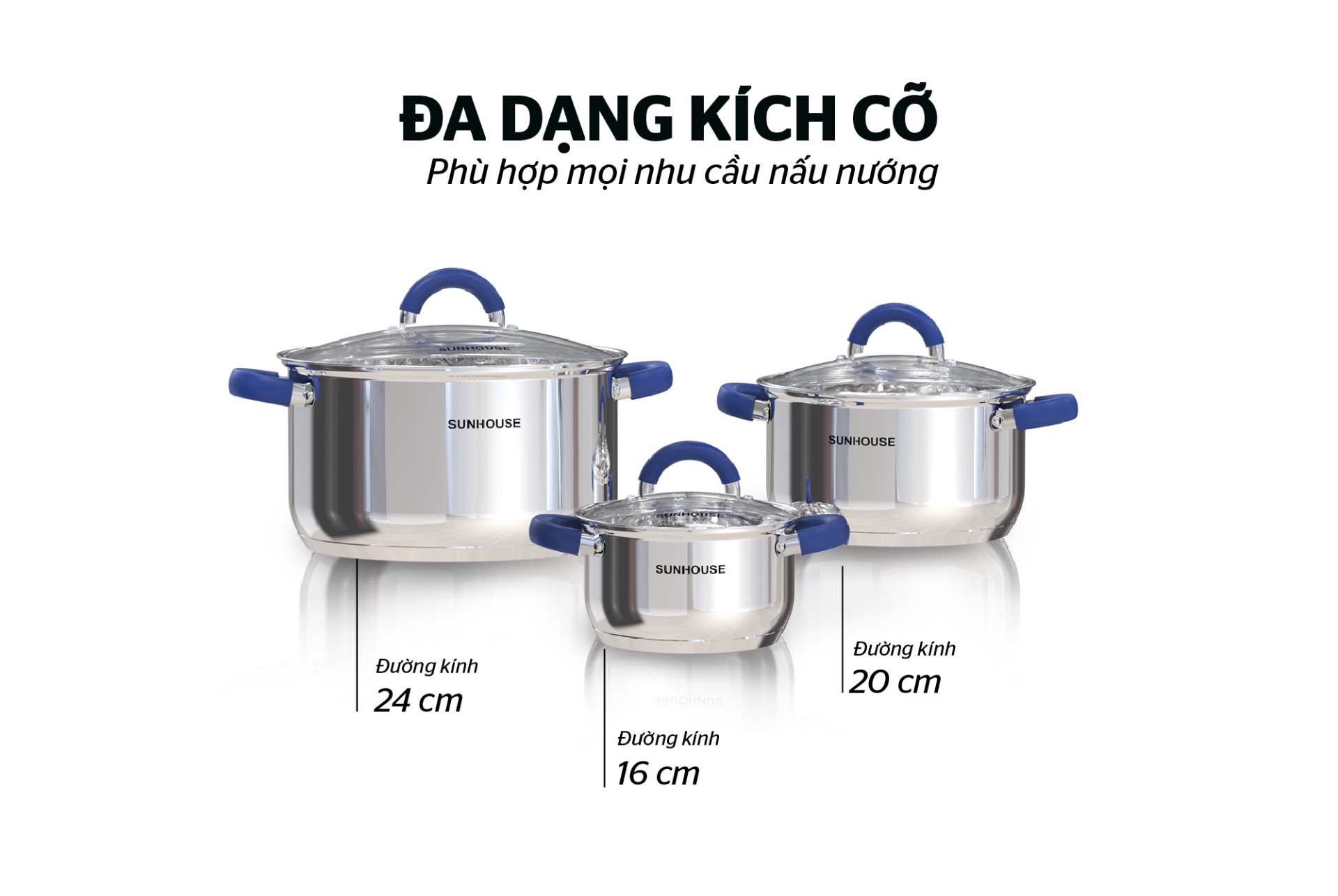 Bộ nồi inox 3 đáy Sunhouse SHG361, Chất liệu inox sáng bóng an toàn cho sức khỏe, Vung kính cường lực siêu bền, Tay cầm và núm vung bọc silicon chịu nhiệt, chống bỏng, an toàn, Sử dụng trên mọi loại bếp - Hàng chính hãng