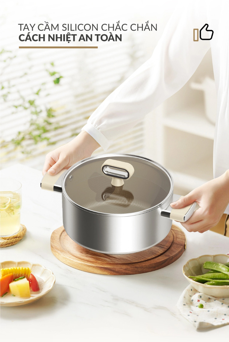 Bộ 3 Nồi Inox 316 Haatz HTA3 Phủ Titanium Aura Chống Dính Tốt, Dẫn Nhiệt Đều, Dùng Mọi Bếp - Hàng Chính Hãng Bảo Hành 5 Năm