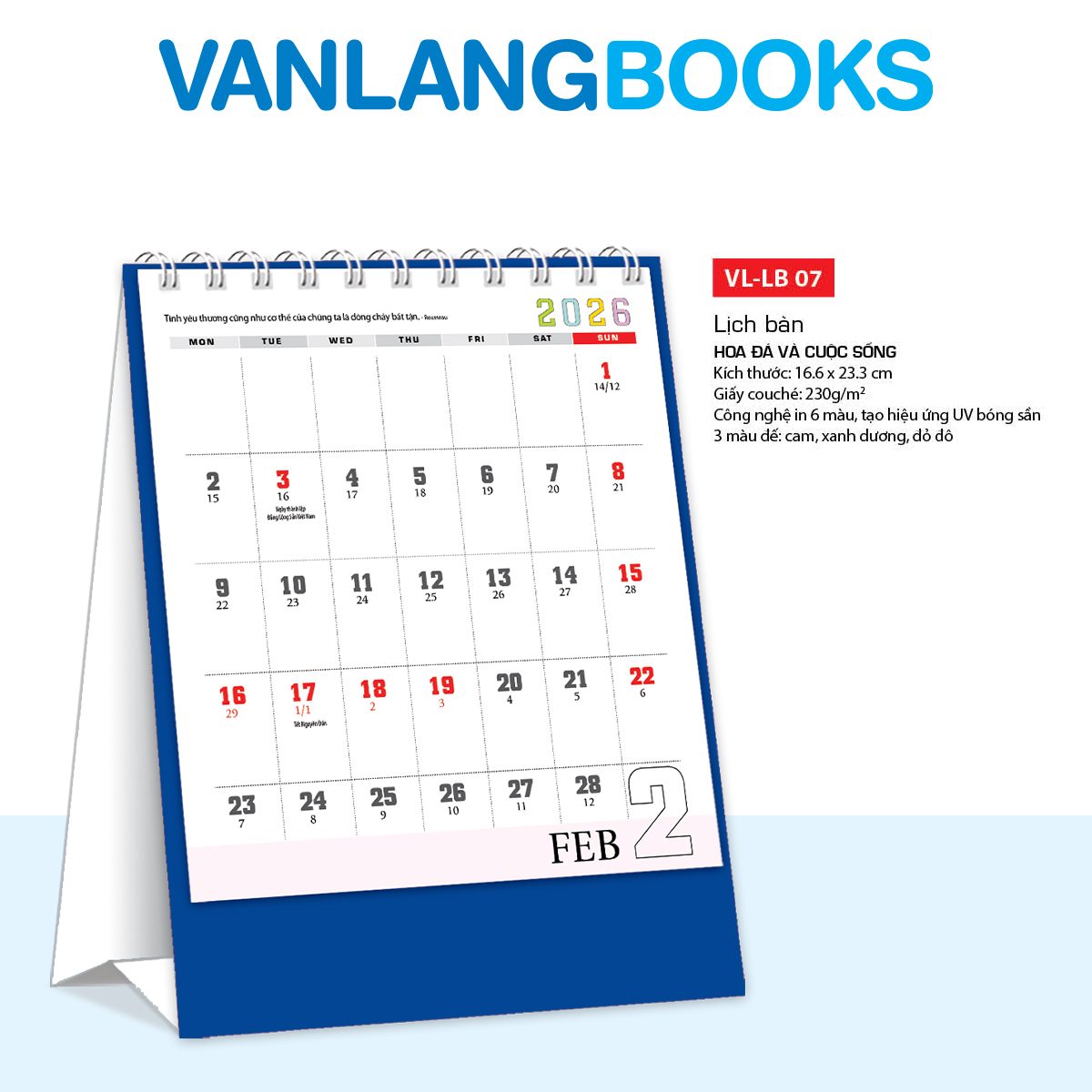 Lịch Bàn 2026 – Hoa Đá Và Cuộc Sống | Lịch Để Bàn Vanlangbooks | Mã: VLLB07 - Màu Xanh