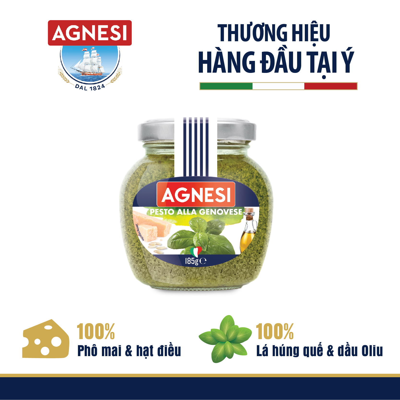 Sốt Pesto Alla Genovese Agnesi 185g truyền thống của Ý chứa dầu Oliu và hạt điều, phô mai, nhập khẩu Ý