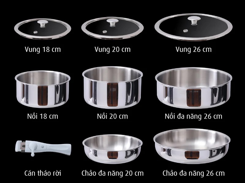 Bộ nồi chảo iNox cán rời 9 món - Không phủ lớp chống dính