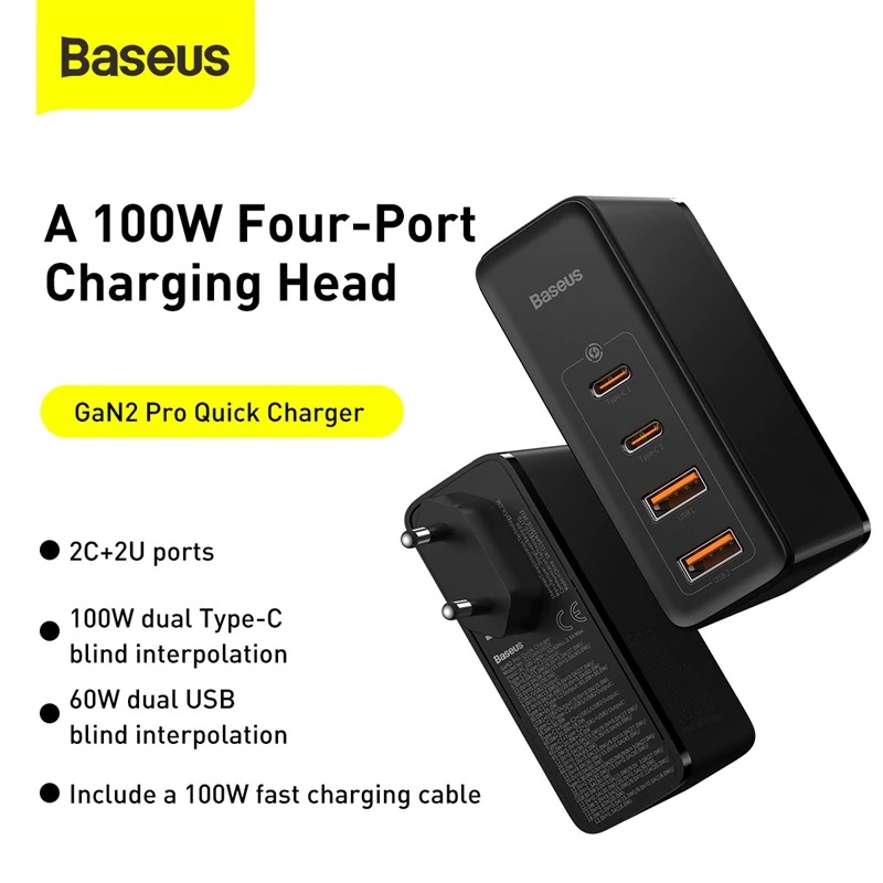 Bộ sạc nhanh Baseus GaN2 Pro Quick Charger 4 Ports (100W, Type C*2 & USB*2, PD/ QC3.0/ QC4+/ PPS/ SCP/ FCP/ AFC/ Apple 2.41/ BC1.2, Multi Quick charge protocol support) - Hàng Chính Hãng