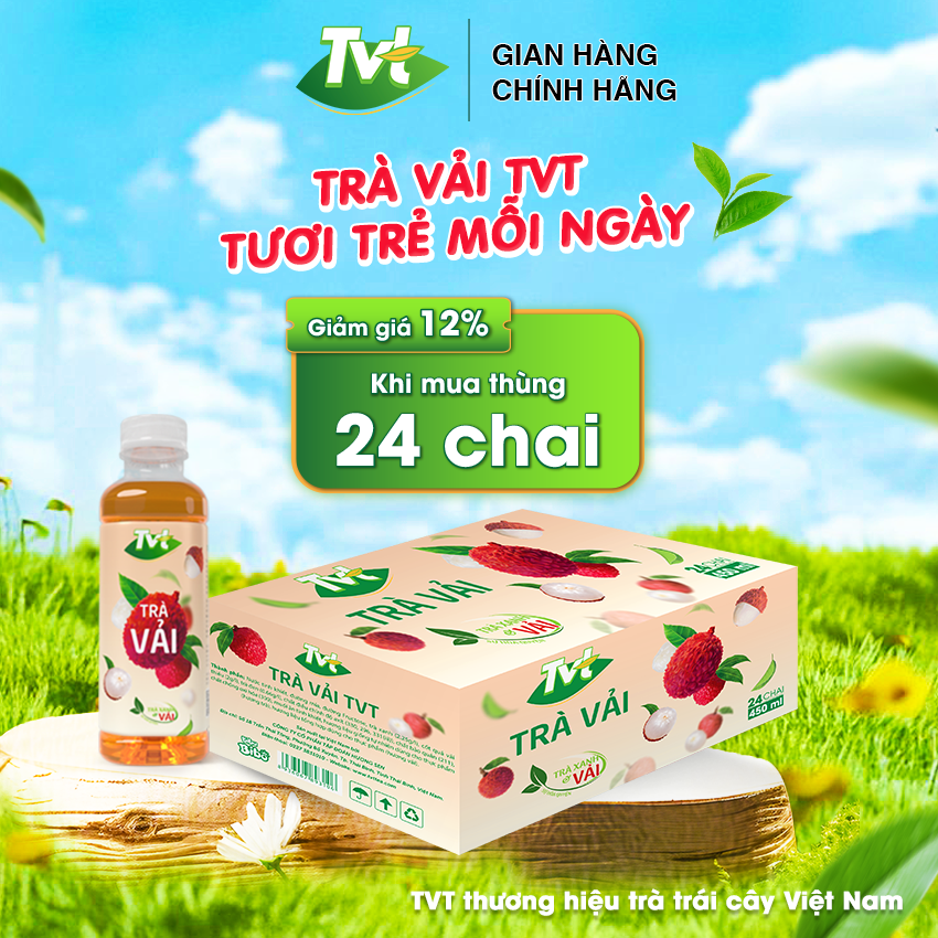 [Thùng 24 chai 450ml] Trà Vải TVT- thanh mát, tự nhiên từ nước cốt vải thiều, trà xanh nguyên chất